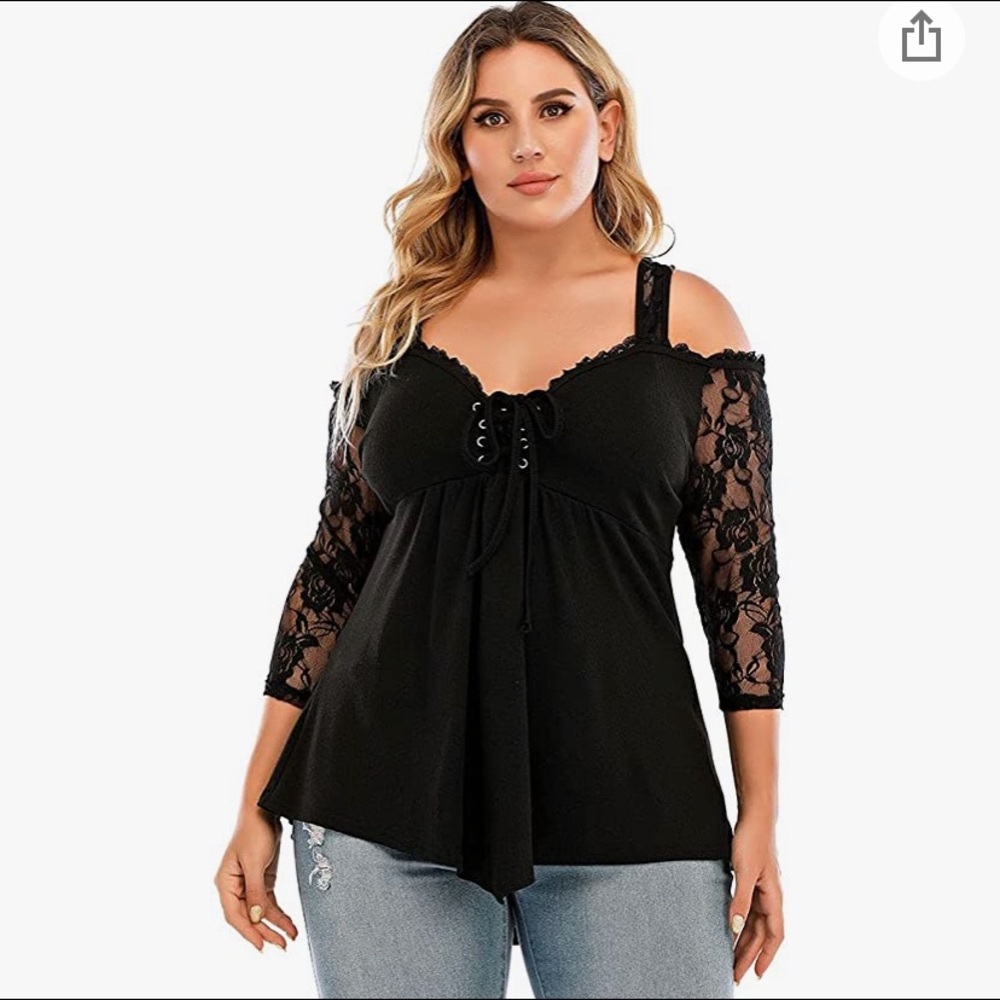 NWT black rib-knit and lace cold shoulder top!